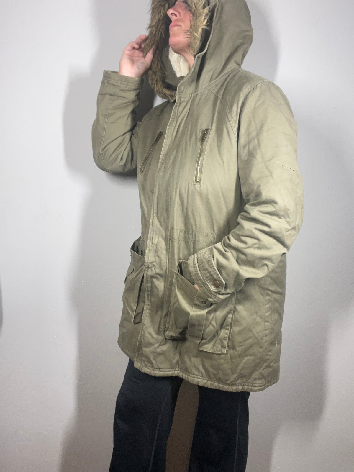 Nutmeg Khaki Parka Coat | Hooded Casual Jacket | Size 16