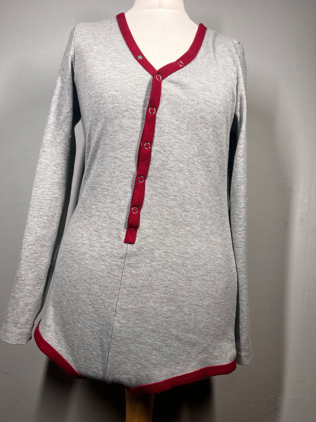 Grey Ribbed Lounge Bodysuit |Size Large |Red Trim |Stretch Casual One Piece