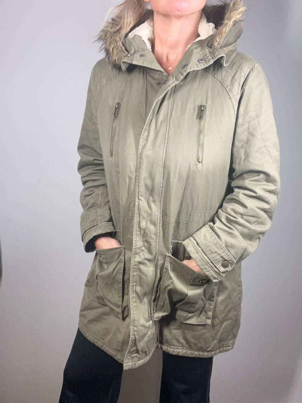 Nutmeg Khaki Parka Coat | Hooded Casual Jacket | Size 16