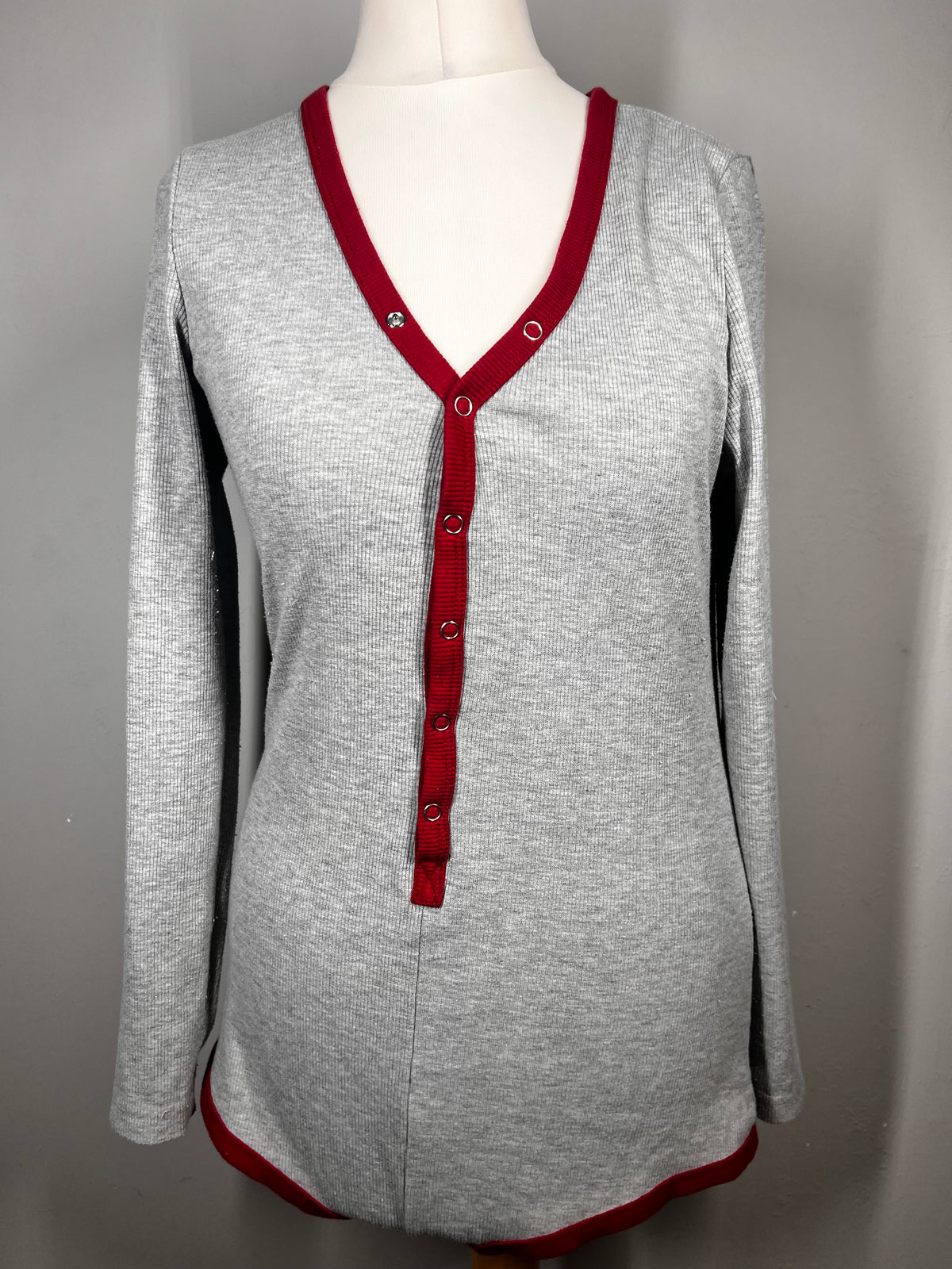 Grey Ribbed Lounge Bodysuit |Size Large |Red Trim |Stretch Casual One Piece