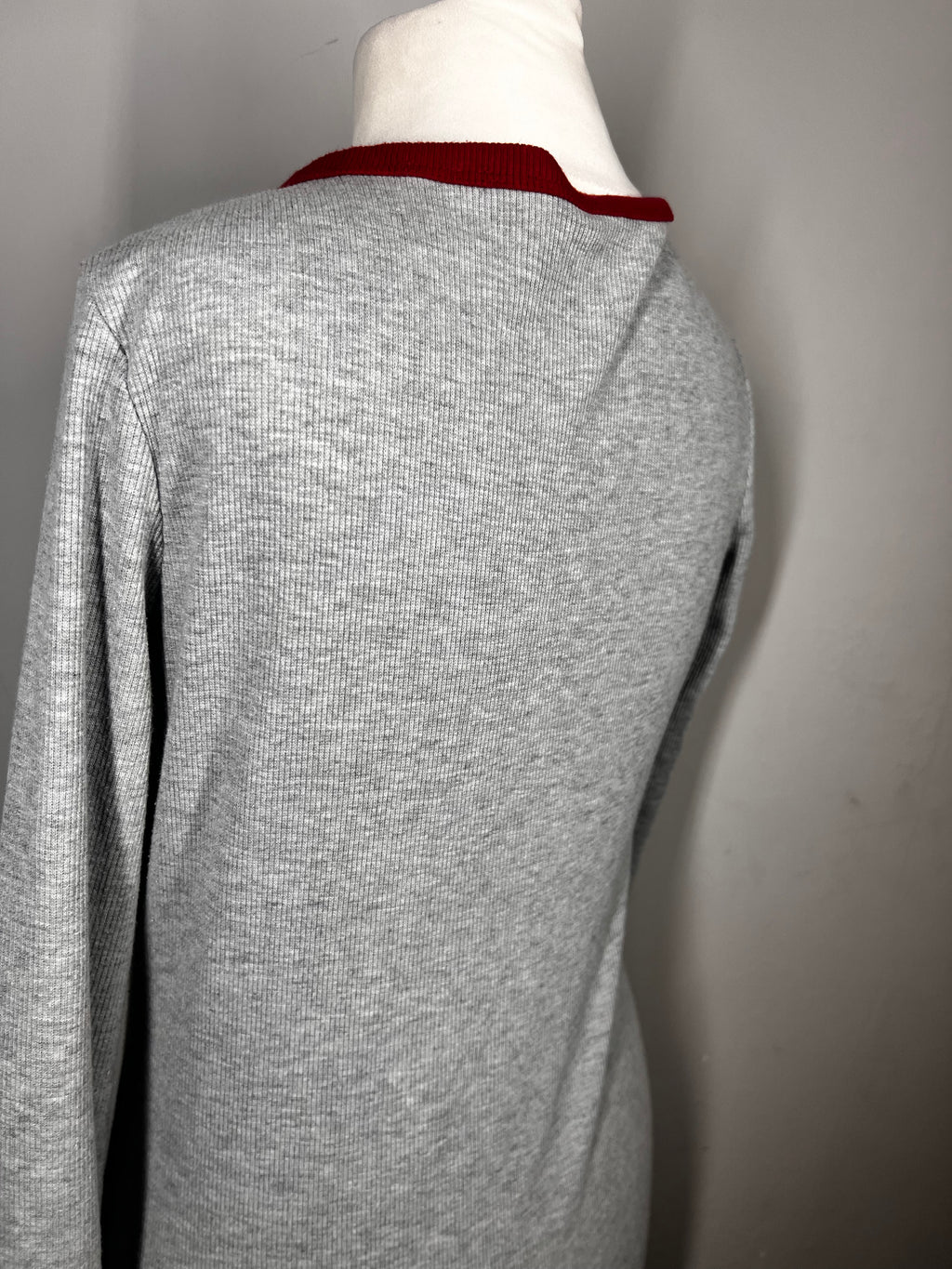 Grey Ribbed Lounge Bodysuit |Size Large |Red Trim |Stretch Casual One Piece