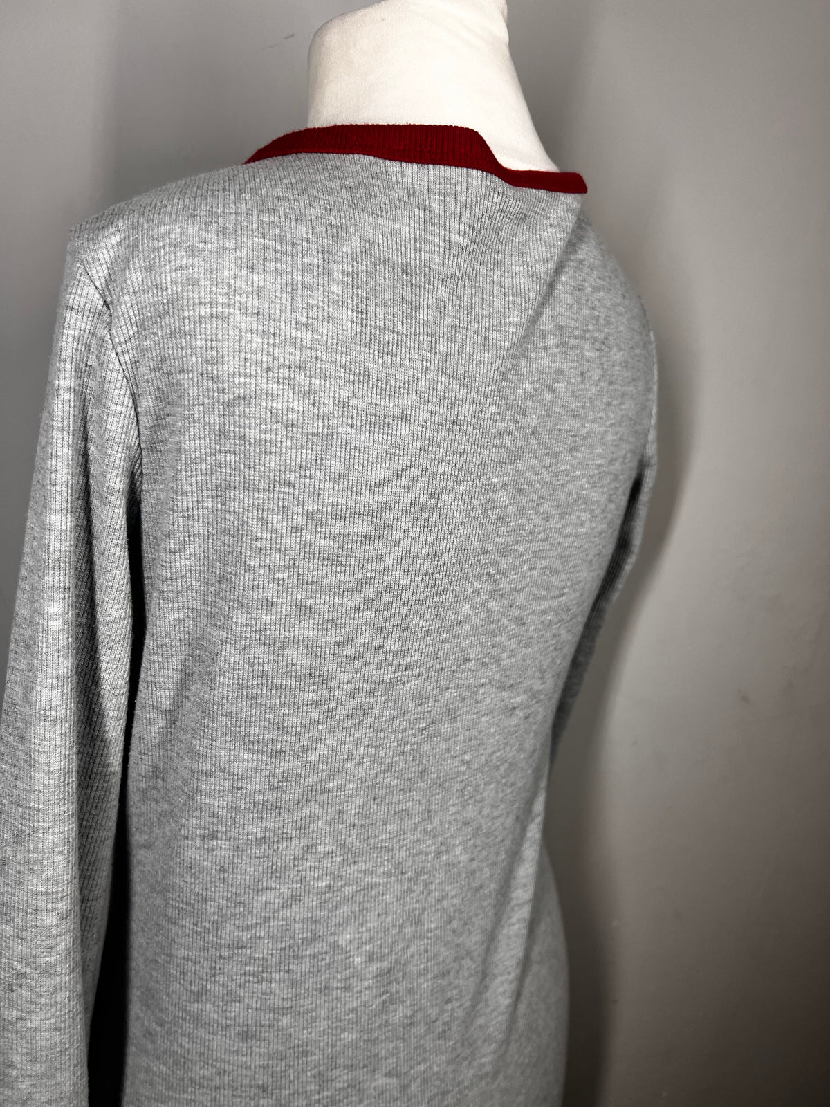 Grey Ribbed Lounge Bodysuit |Size Large |Red Trim |Stretch Casual One Piece
