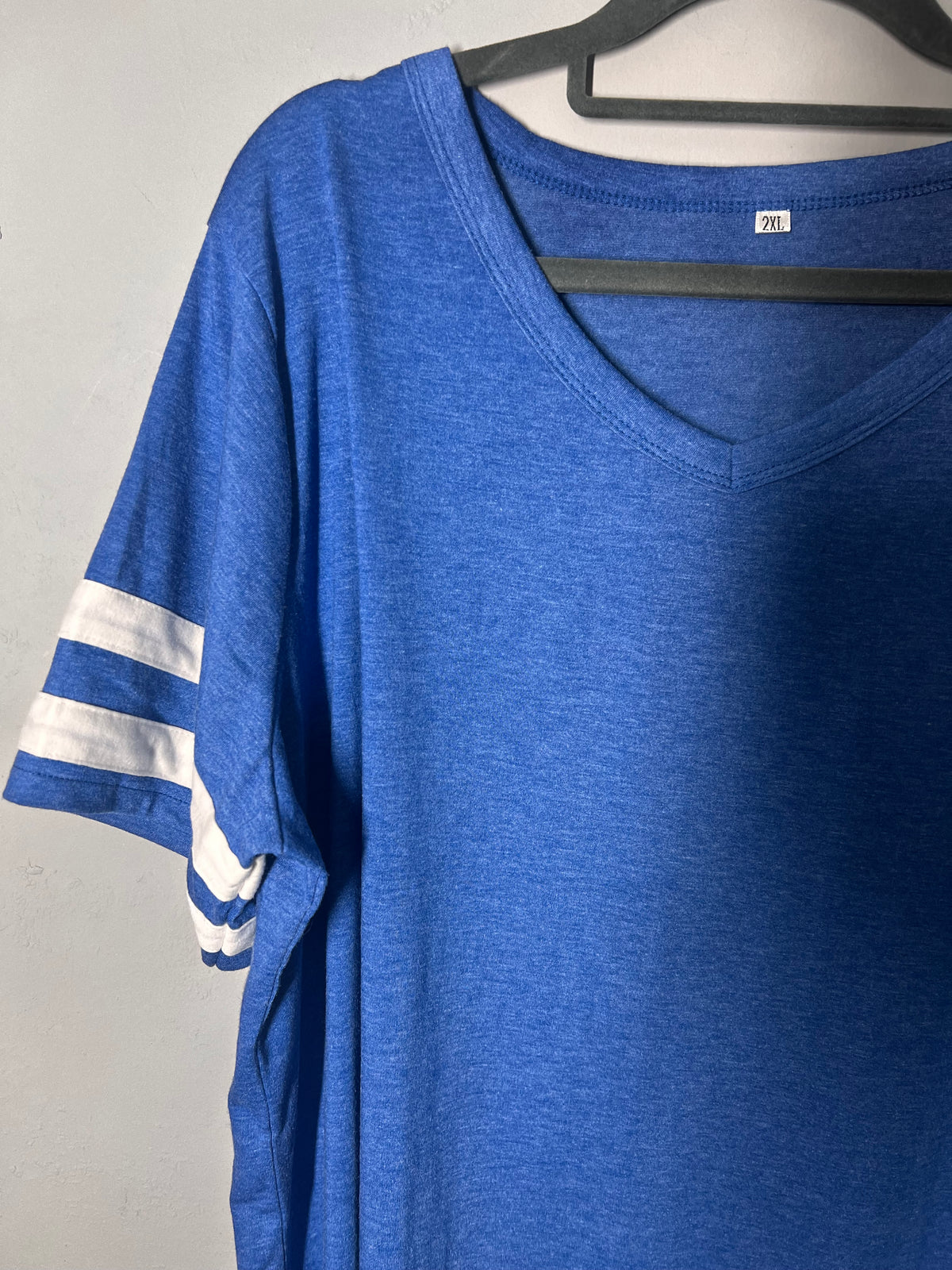 Blue T-Shirt |White Stripe Sleeves Size 2XL |Casual Top