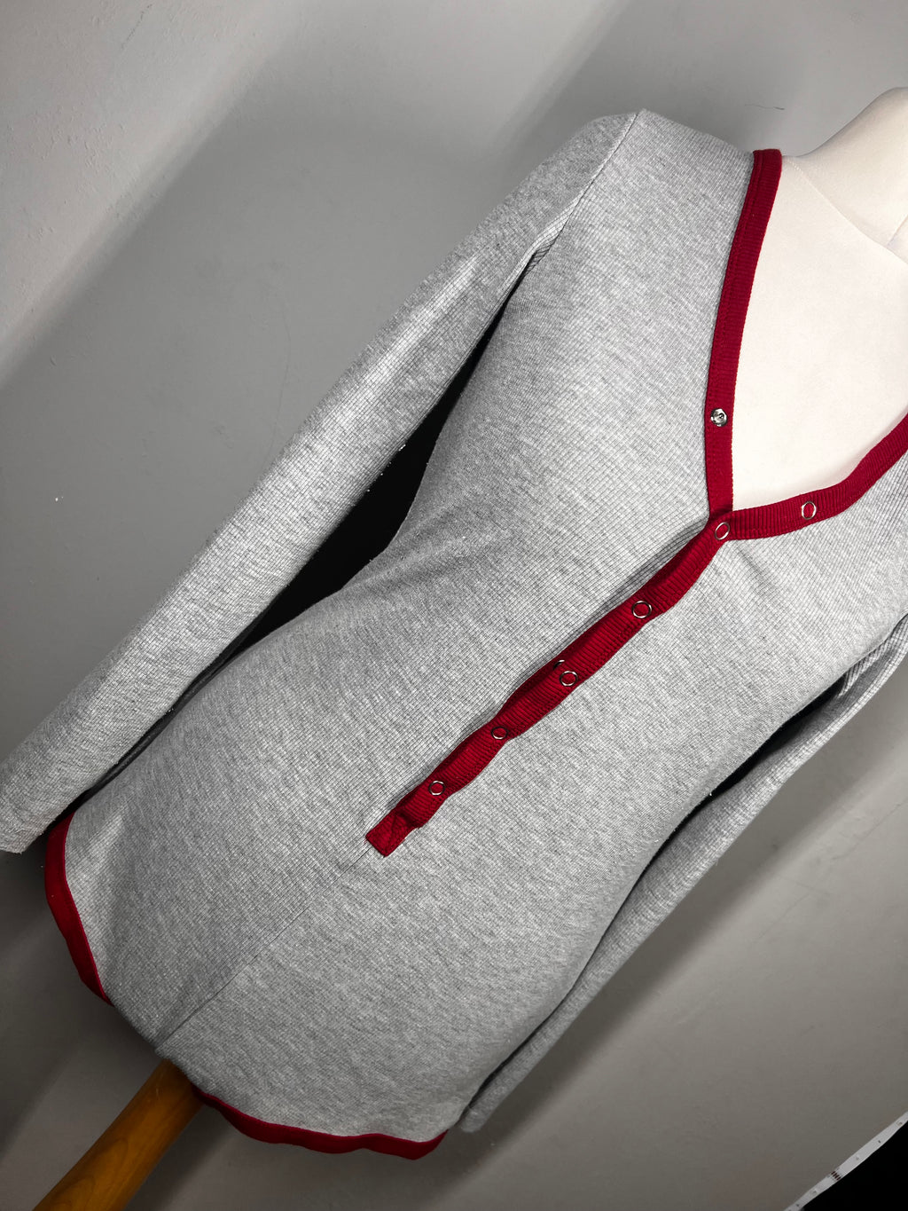 Grey Ribbed Lounge Bodysuit |Size Large |Red Trim |Stretch Casual One Piece