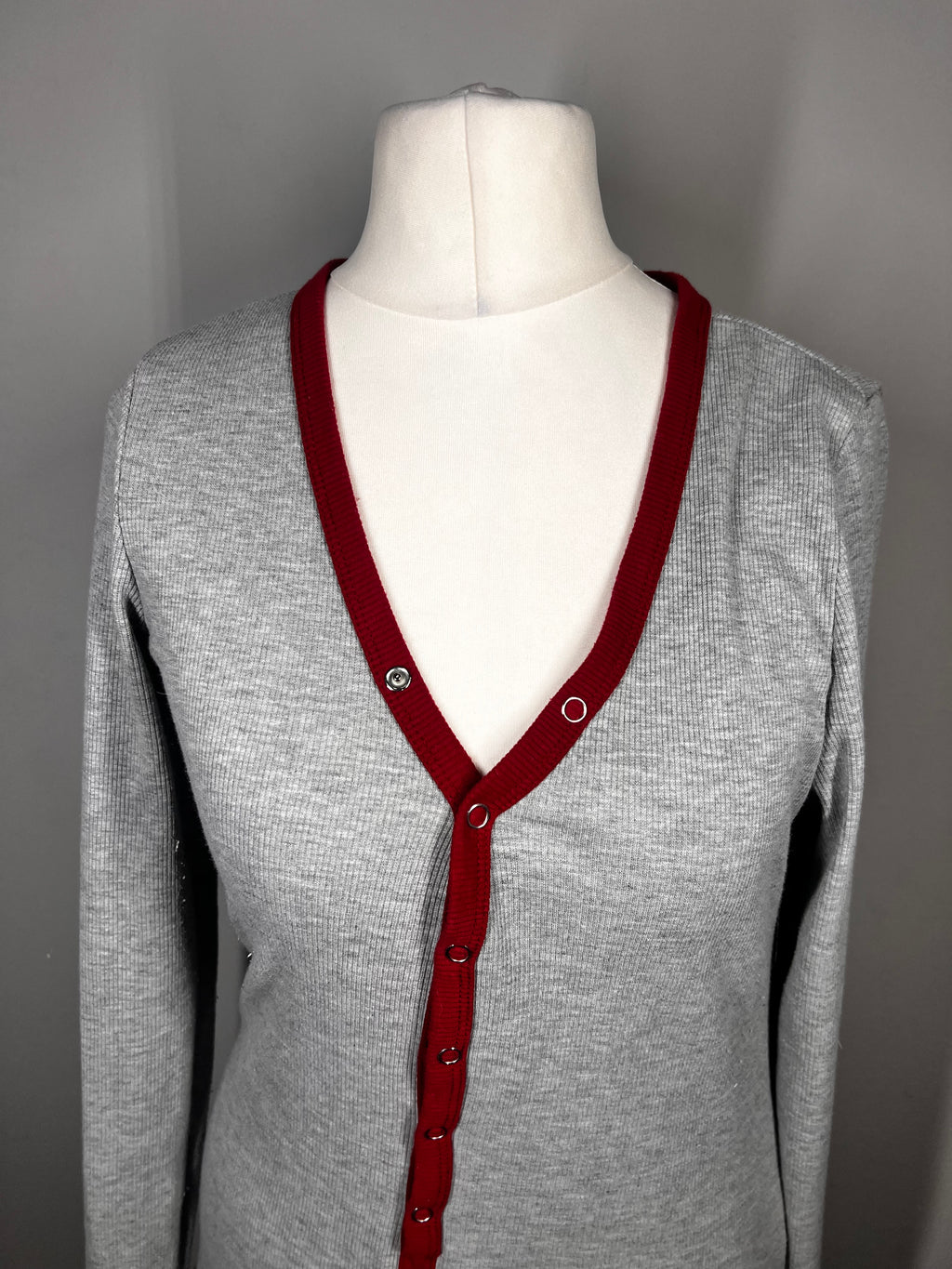 Grey Ribbed Lounge Bodysuit |Size Large |Red Trim |Stretch Casual One Piece
