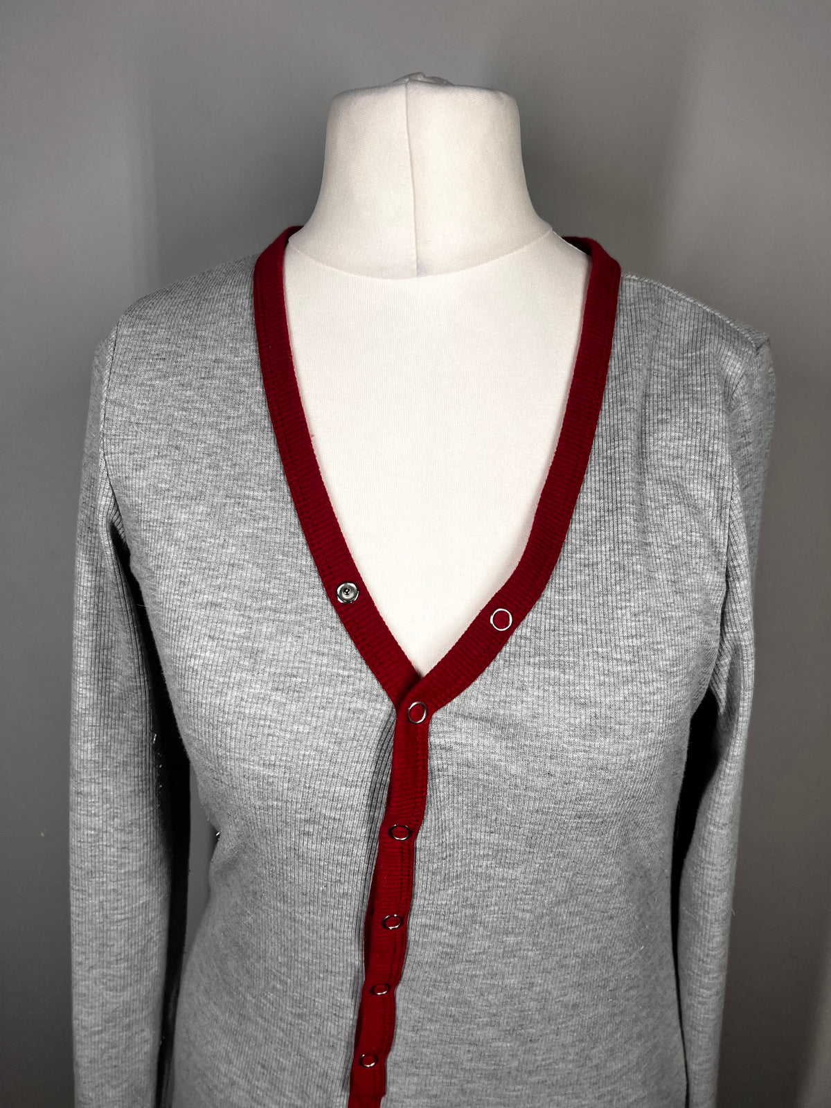 Grey Ribbed Lounge Bodysuit |Size Large |Red Trim |Stretch Casual One Piece