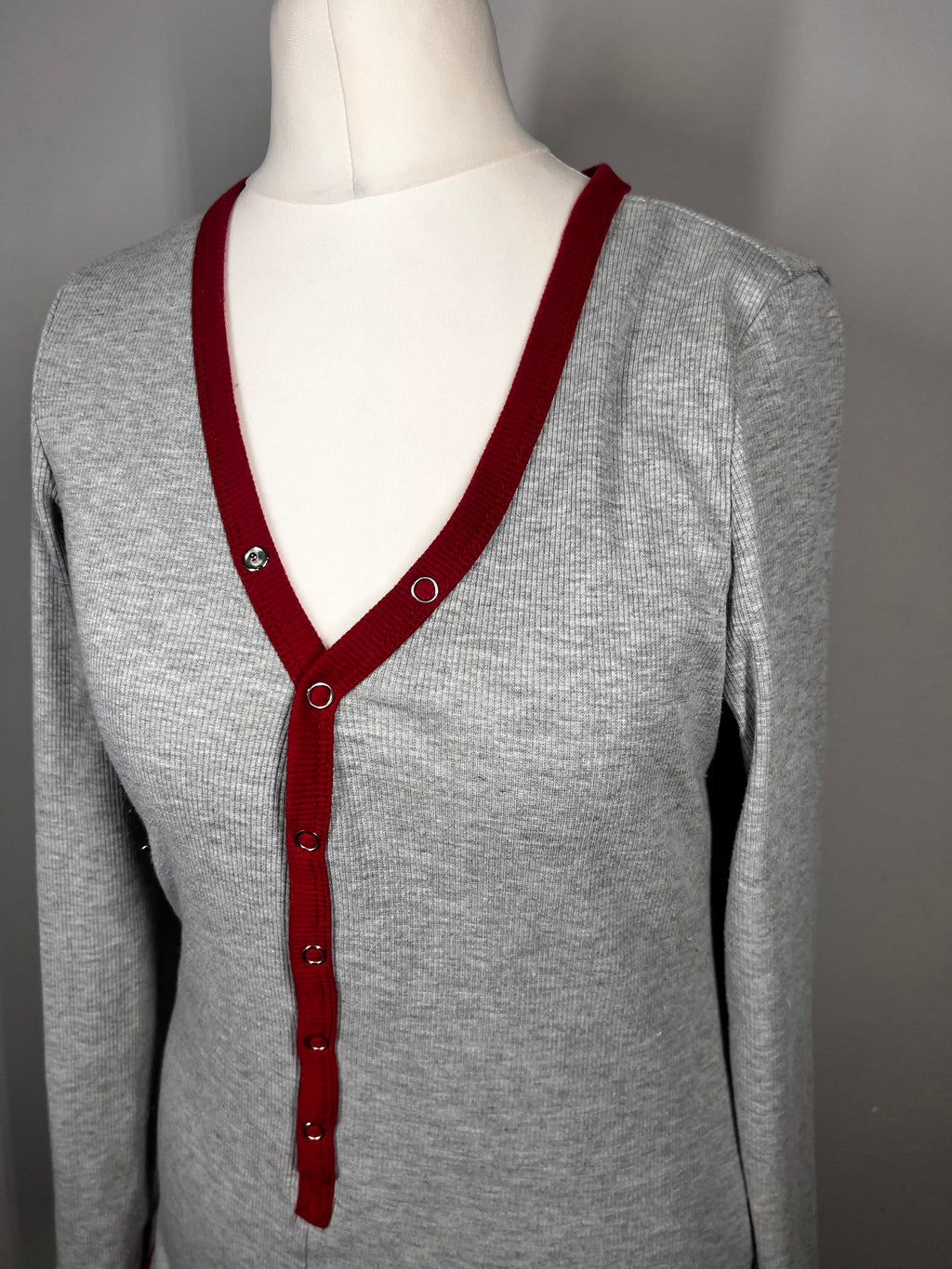 Grey Ribbed Lounge Bodysuit |Size Large |Red Trim |Stretch Casual One Piece