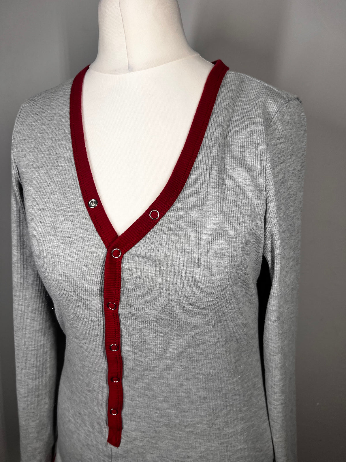 Grey Ribbed Lounge Bodysuit |Size Large |Red Trim |Stretch Casual One Piece