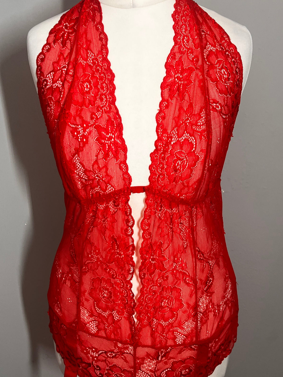 Red Floral Lace Teddy Bodysuit | Suspender Straps | Size 14-16
