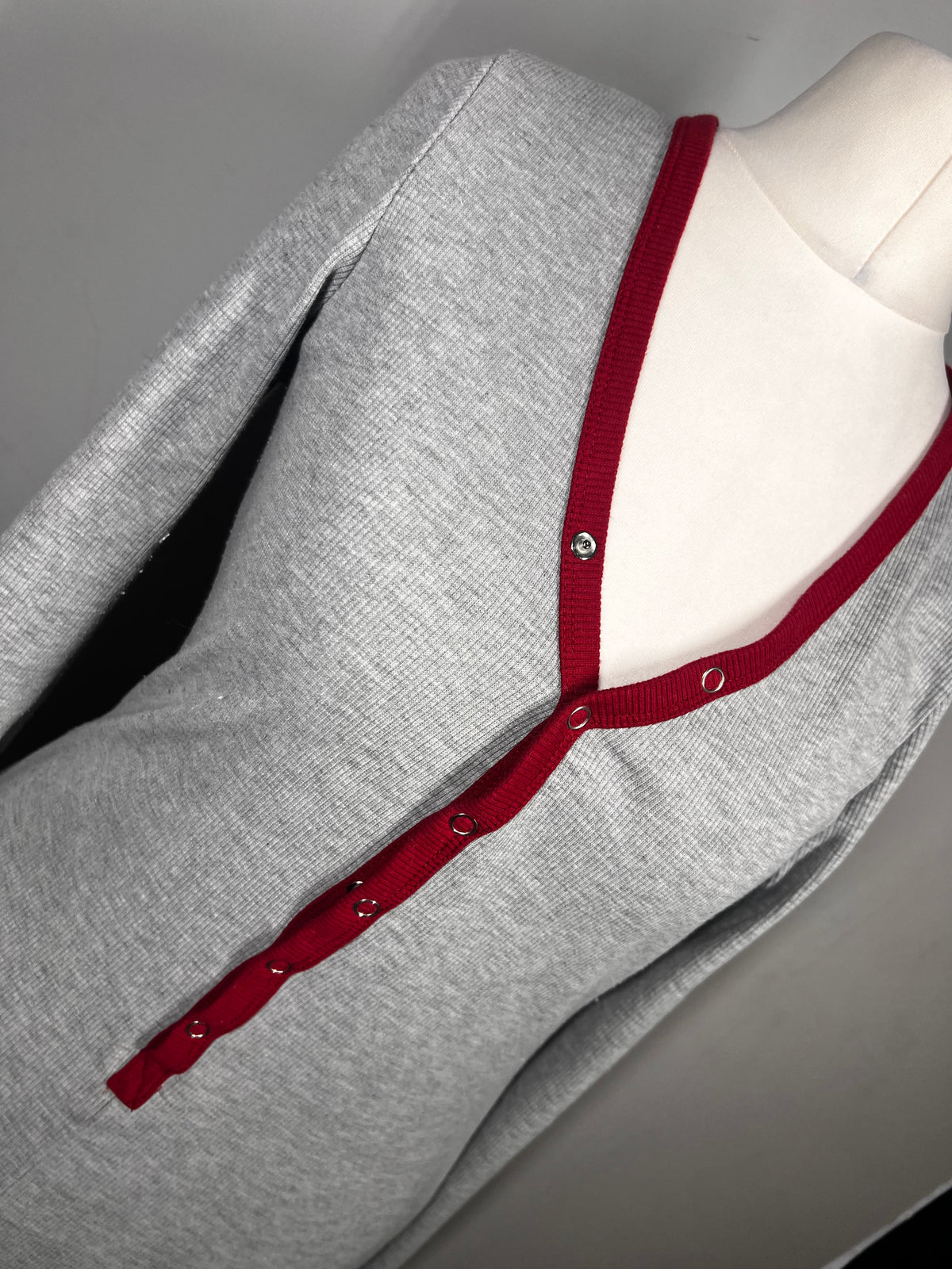 Grey Ribbed Lounge Bodysuit |Size Large |Red Trim |Stretch Casual One Piece